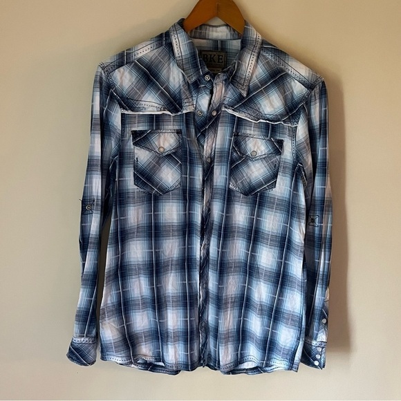BKE Men's Athletic Fit Size Large Blue Distressed Pearl Snap Plaid Shirt - Picture 1 of 6